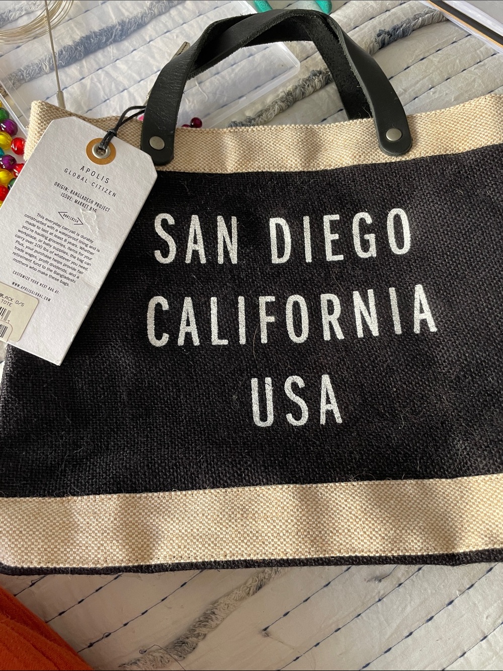 Apolis Canvas Tote Bag - Black & Cream with San Diego Print